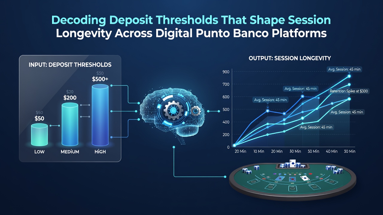 Analytics dashboard displaying punto banco session duration statistics linked to various deposit threshold levels