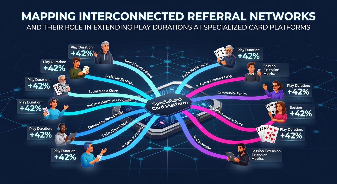 Network diagram showing interconnected referral chains linking multiple players across specialized card gaming platforms