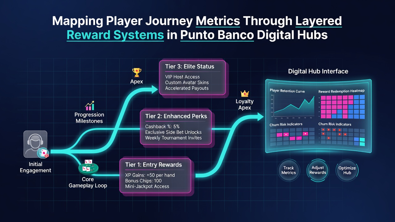 Infographic showing metrics flow from onboarding to advanced reward tiers in online baccarat platforms