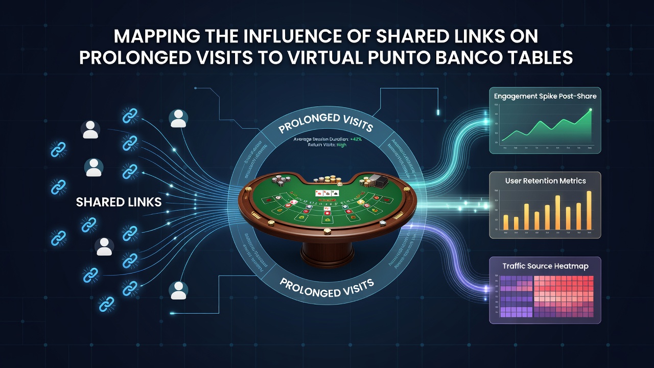 Analytics dashboard displaying session duration graphs segmented by shared link sources at virtual punto banco tables