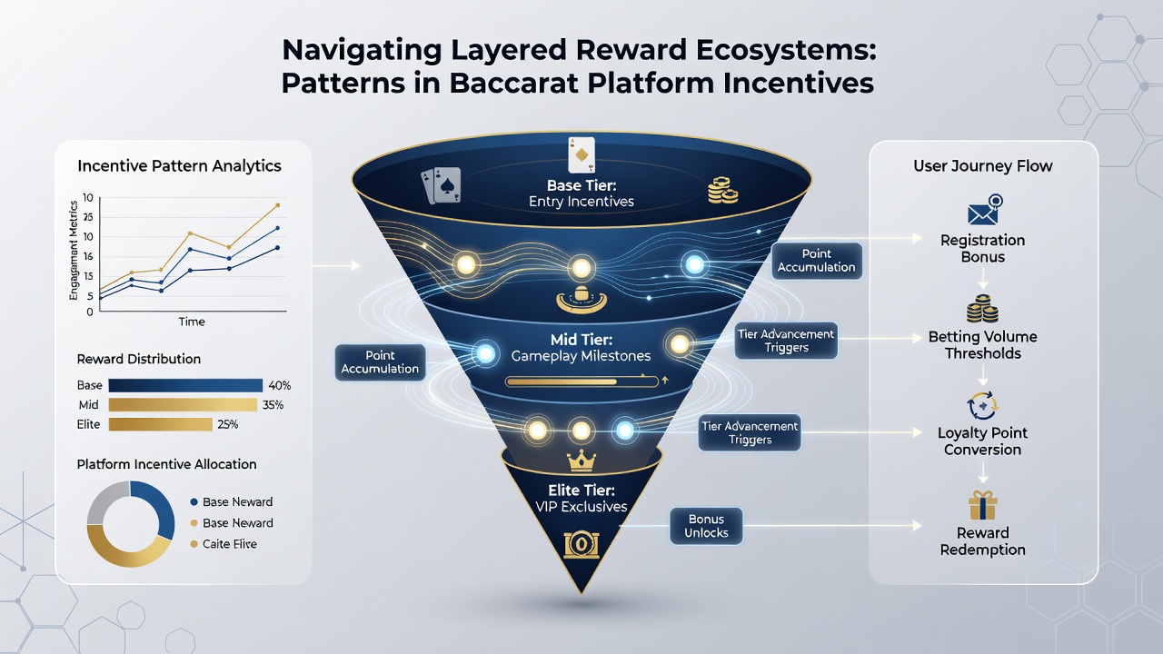 Infographic illustrating player progression through baccarat incentive tiers and network referrals