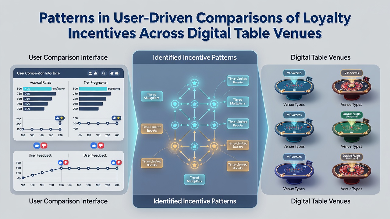 Illustration of loyalty program interfaces used in digital table venue comparisons