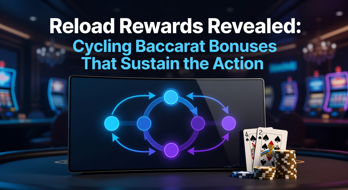 Dynamic graphic showing cycling arrows around baccarat chips and bonus icons, illustrating reload rewards in action